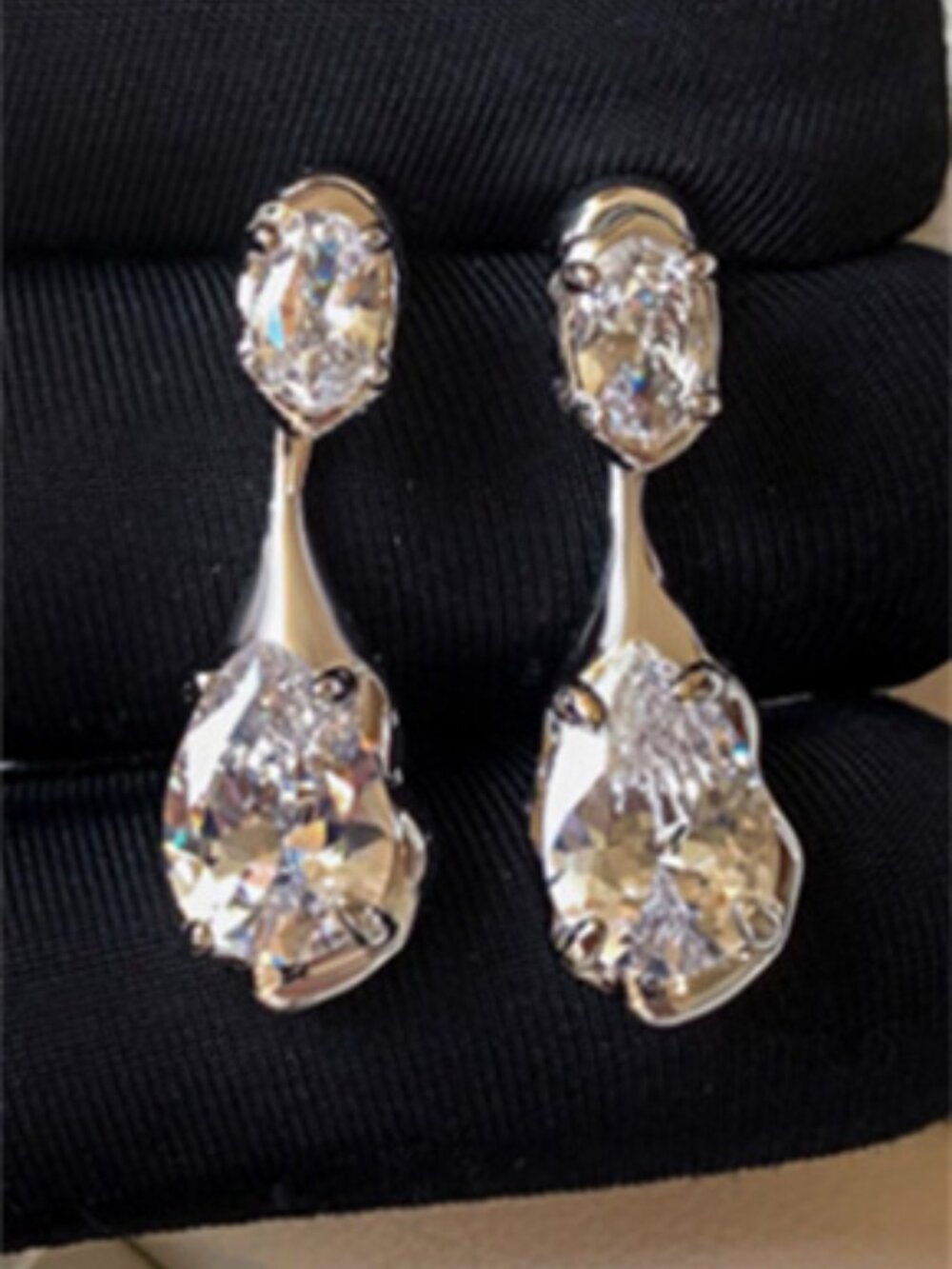 Silver Liquid Metal Double Teardrop Cubic Zirconia Dangle Earrings Wedding Eveni
